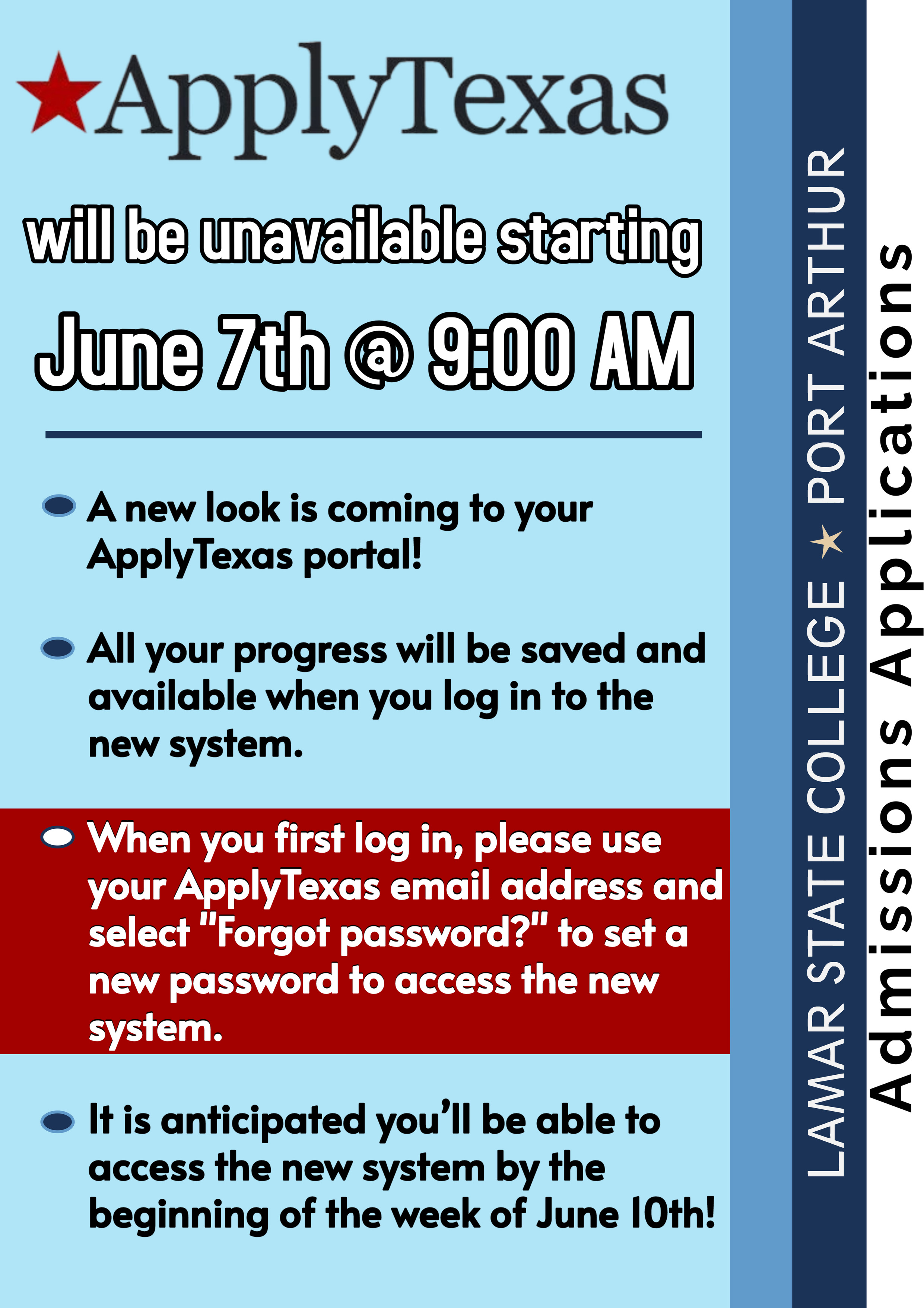 ApplyTexas unavailable beginning June 7th 9AM